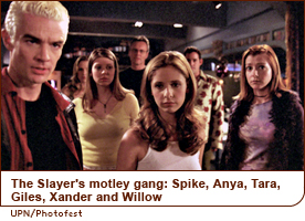 The Slayer’s motley gang: Spike, Anya, Tara, Giles, Xander and Willow