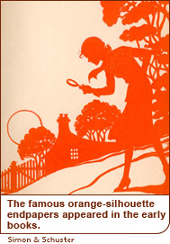 The famous orange-silhouette endpapers appeared in the early books.