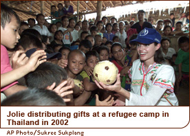 Jolie distributing gift at a refugee camp in Thailand in 2002