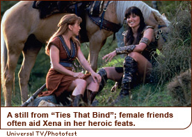 A still from “Ties That Bind” female friends often aid Xena in her heroic feats.