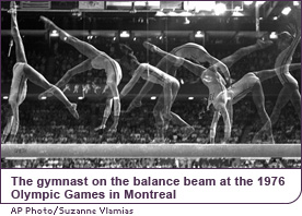 The gymnast on the balance beam at the 1976 Olympic Games in Montreal