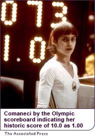 Comaneci in front of the Olympic scoreboard indicating her historic score of 10.0, as 1.00