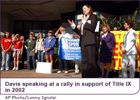 Davis speaking at a rally in support of Title IX in 2002