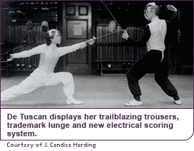 De Tuscan displays her trailblazing trousers, trademark lunge and new electrical scoring system.