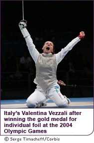 Italy's Valentina Vezzali after winning the gold medal for individual foil at the 2004 Olympic Games