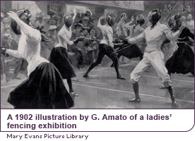 A 1902 illustration by G. Amato of a ladies’ fencing exhibition