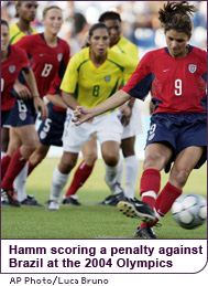 Hamm scoring a penalty against Brazil at the 2004 Olypmics