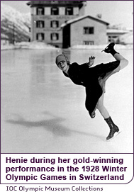 Henie during her gold-winning performance in the 1928 Winter Olympic Games in Switzerland