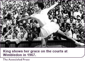 King shows her grace on the courts at Wimbledon in 1967.