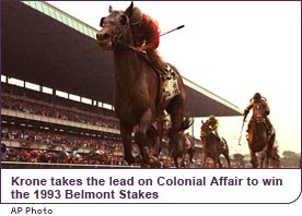 Julie Krone takes the lead on Colonial Affair to win the 1993 Belmont Stakes