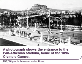 A photograph shows the entrance to the Pan-Athenian stadium, home of the 1896 Olympic Games.