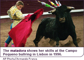 The matadora shows her skills at the Campo Pequeno bullring in Lisbon in 1996.