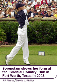 Sorenstam tees off on the 10th hole of the Colonial Country Club in Fort Worth, Texas in 2003.