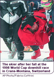 Picabo Street after her fall during the World Cup downhill ski race in Crans-Montana, Switzerland in 1998