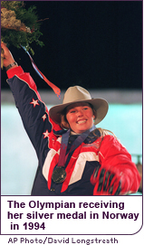 The Olympian Picabo Street receiving her silver medal in Norway in 1994