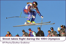 Picabo Street takes flight during the 1994 Olympics