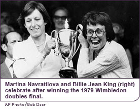 Martina Navratilova and Billie Jean King (right) celebrate after winning the 1979 Wimbledon doubles final.