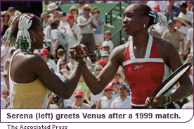 Serena (left) greets Venus after a 1999 match.