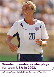 Wambach smiles as she plays for Team USA in 2003.