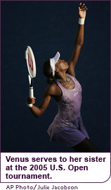 Venus serves to her sister at the 2005 U.S. Open tournament.