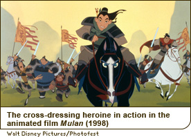 The cross-dressing heroine in action in the animated film Mulan (1998)