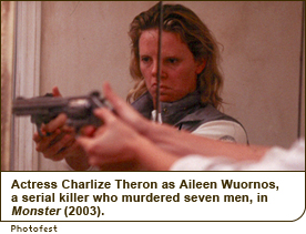 Actress Charlize Theron as Aileen Wuornos, a serial killer who murdered seven men, in Monster (2003).