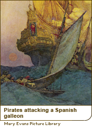 Pirates attacking a Spanish galleon