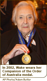 In 2002, Wake wears her Companion of the Order of Australia medal.