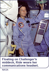 Floating on Challenger’s middeck, Ride wears her communications headset.