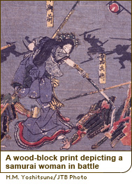 A wood-block print depicting a samurai woman in battle